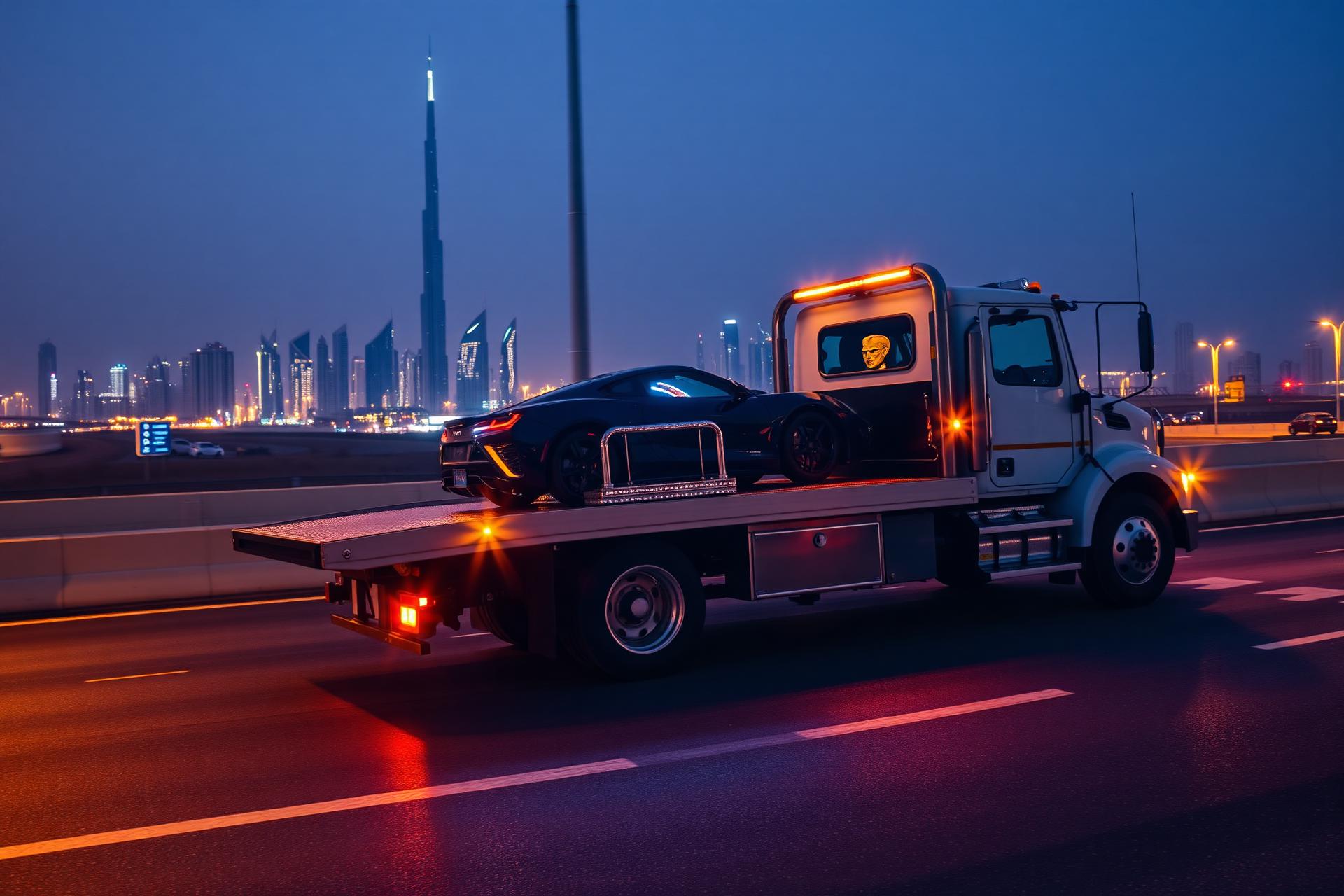 Car recovery tow truck on Dubai highway at night