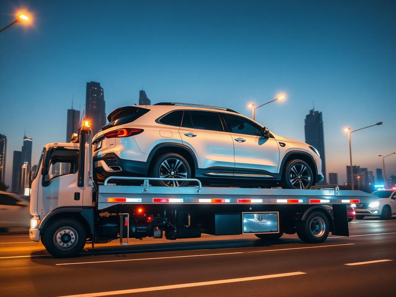 Flatbed tow truck loading SUV in Dubai