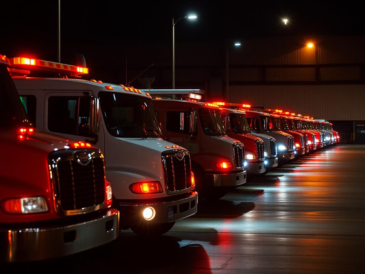 Fleet of recovery trucks at night